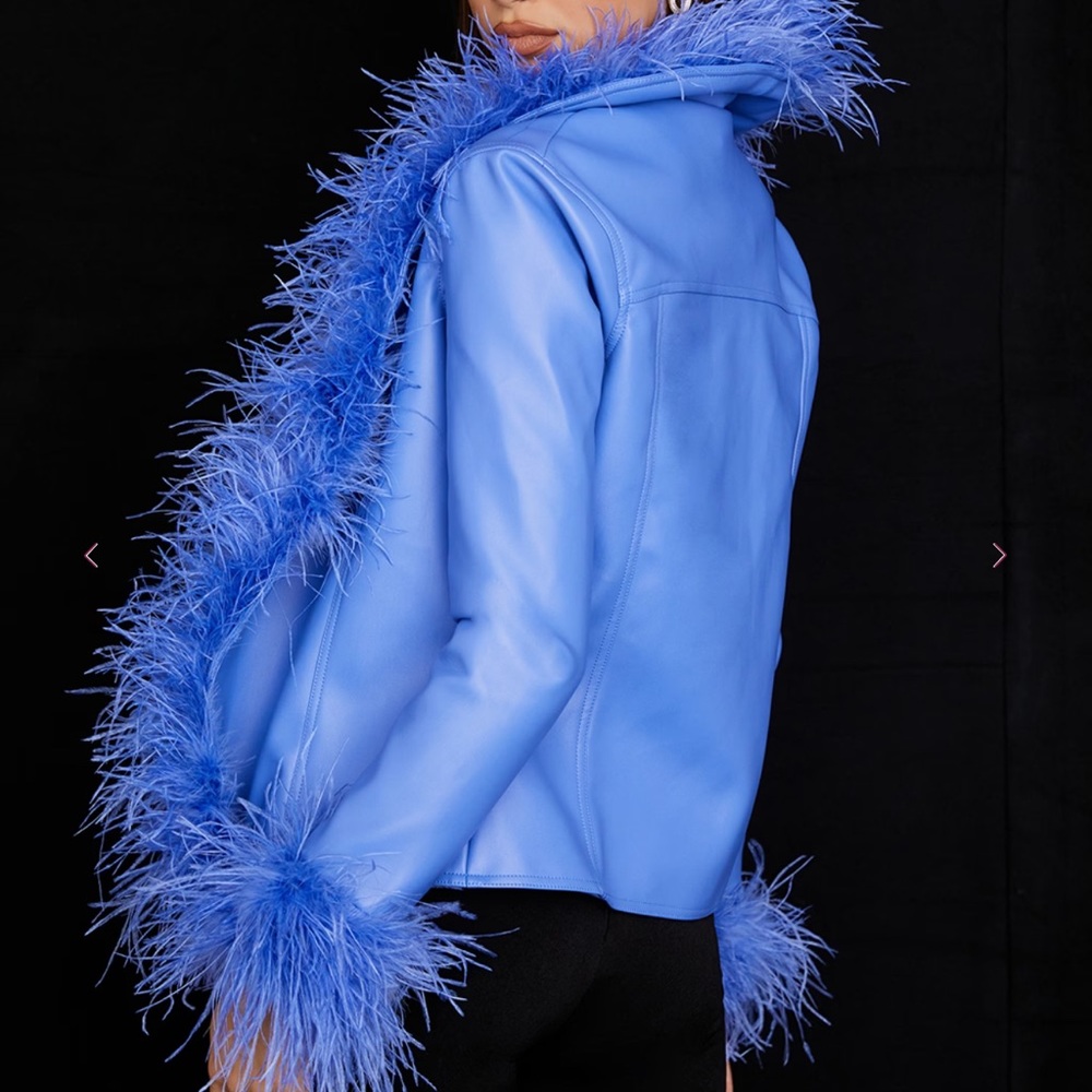 House of CB Vibrant Blue Feather-Trim Leather Jacket